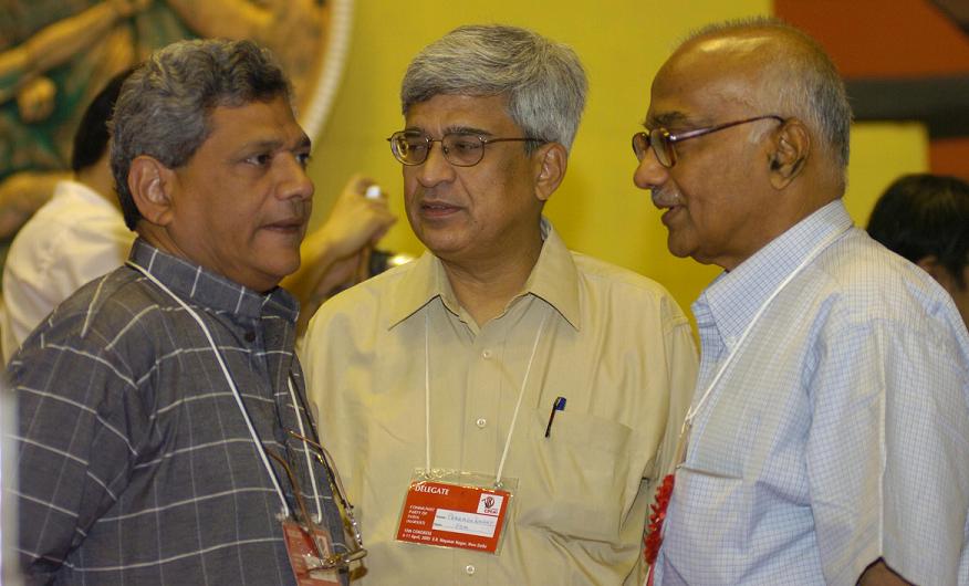 Objects of his ire... Sitaram Yechury and Prakash Karat (from left) with Ramachandran Pillai